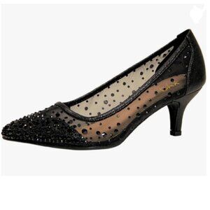 XYD Black Pointed Toe Slip On Mesh Pumps Rhinestone Studs Comfy Kitten Heel Shoe